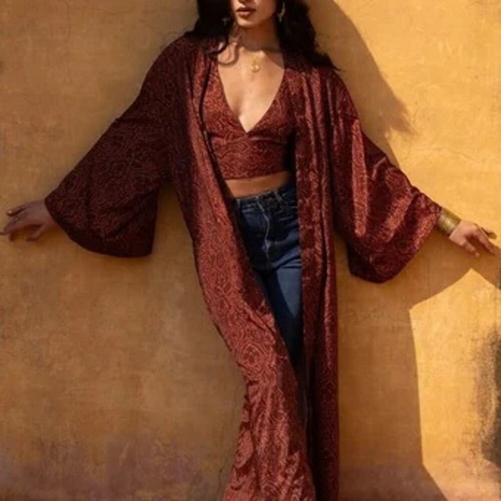 Dragon Silk Pure 100% Long Robe Kimono M-L  Women's Luxury Jacket Duster Rust